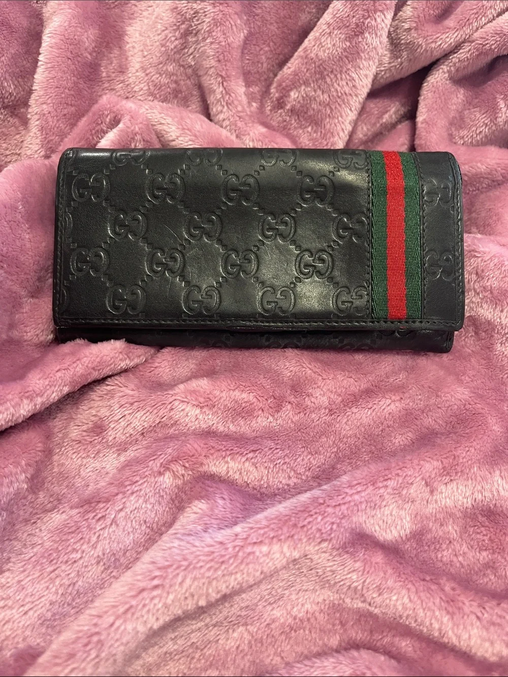 Gucci Black Embossed Leather Continental Wallet with Red and Green Web Stripe